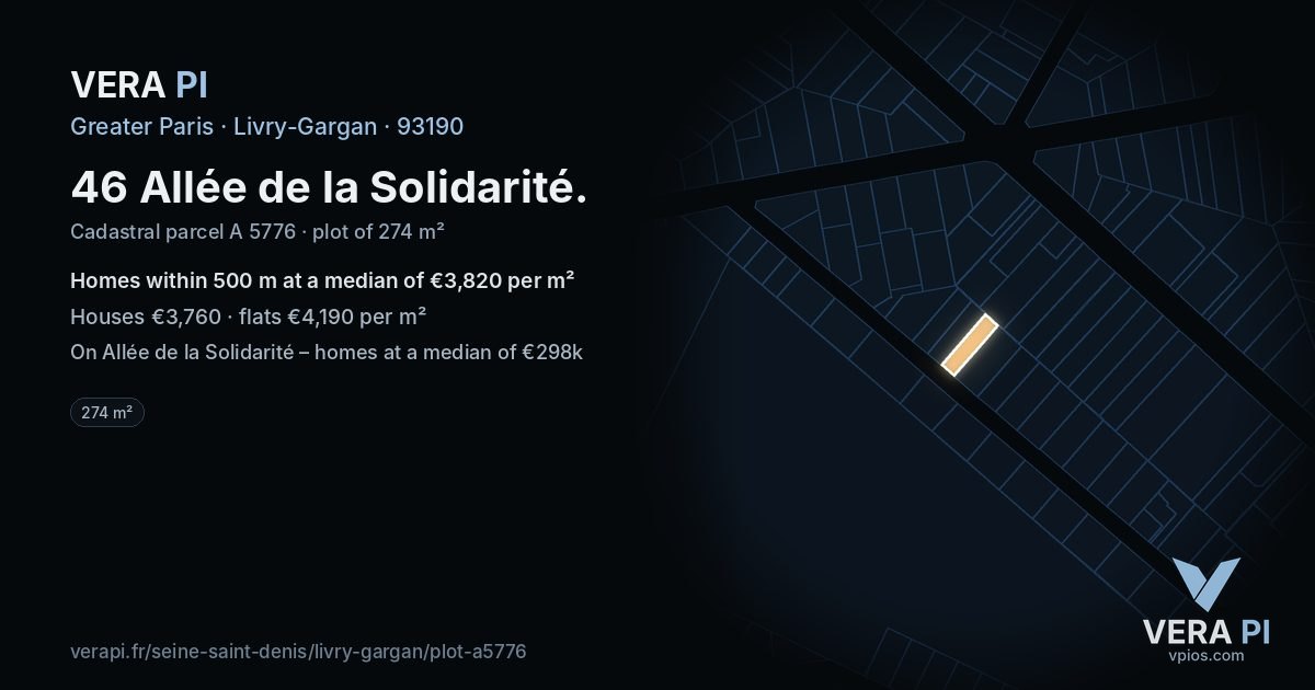 46 Allée de la Solidarité, Livry-Gargan at night – the plot lit, the parcels around coloured by the prices near them