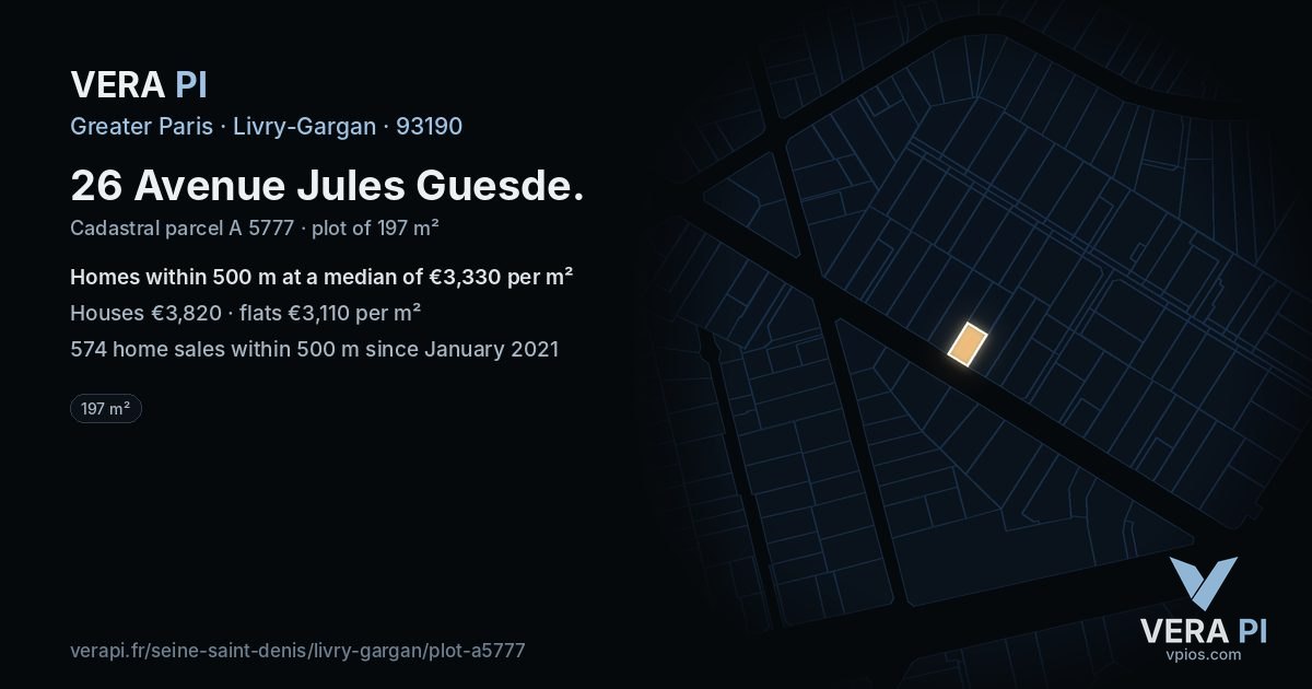 26 Avenue Jules Guesde, Livry-Gargan at night – the plot lit, the parcels around coloured by the prices near them