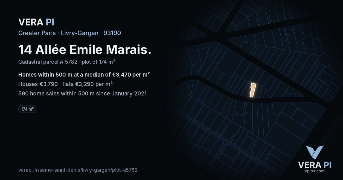 14 Allée Emile Marais, Livry-Gargan at night – the plot lit, the parcels around coloured by the prices near them