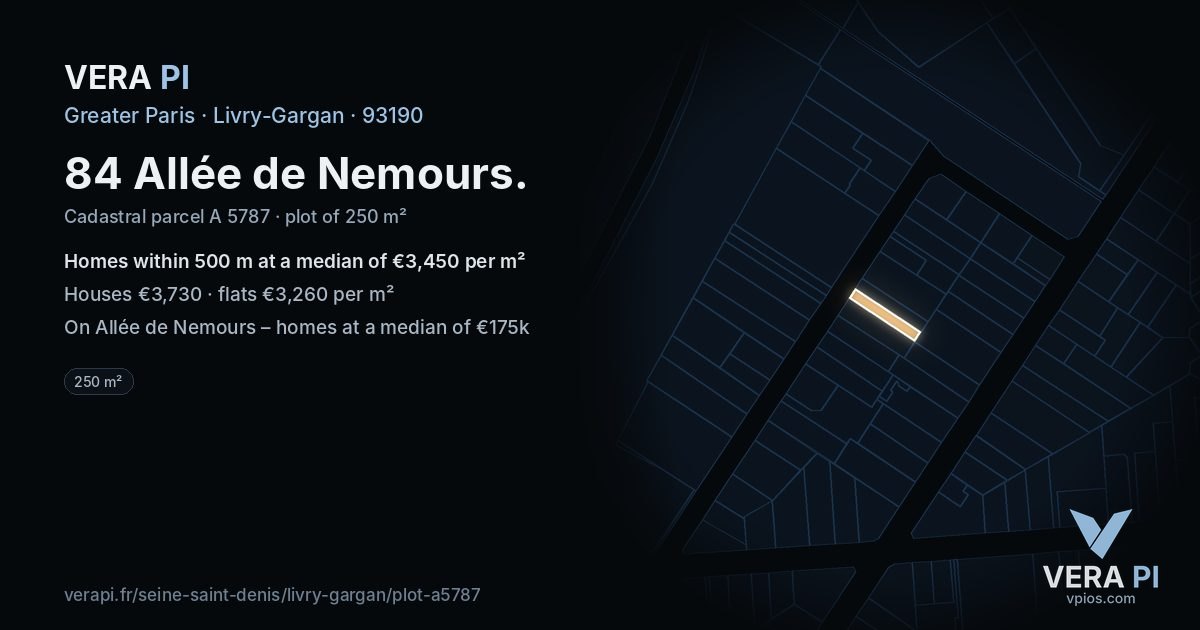84 Allée de Nemours, Livry-Gargan at night – the plot lit, the parcels around coloured by the prices near them