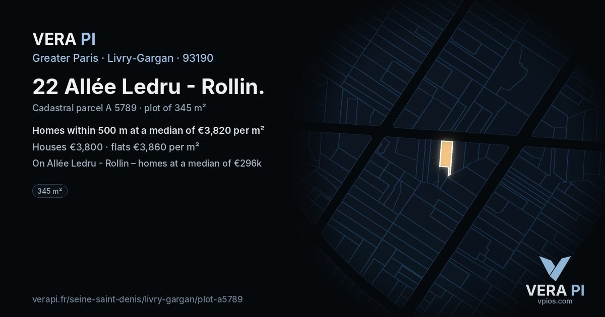 22 Allée Ledru - Rollin, Livry-Gargan at night – the plot lit, the parcels around coloured by the prices near them