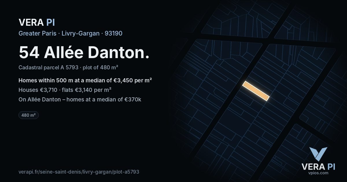 54 Allée Danton, Livry-Gargan at night – the plot lit, the parcels around coloured by the prices near them