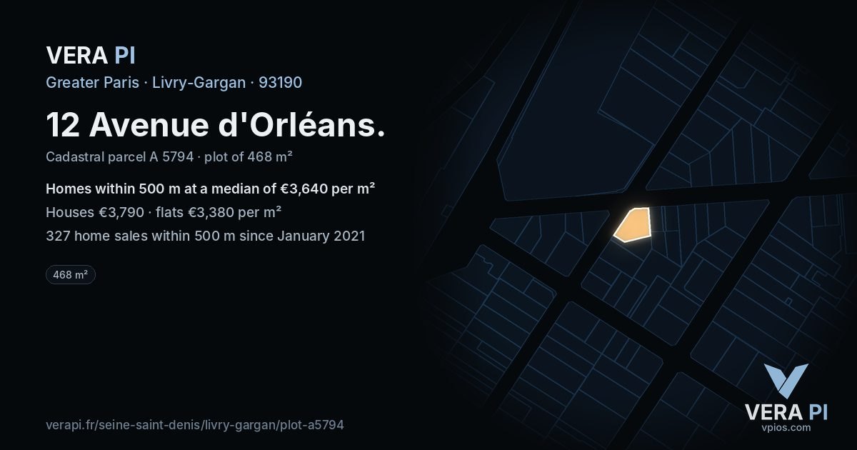 12 Avenue d'Orléans, Livry-Gargan at night – the plot lit, the parcels around coloured by the prices near them
