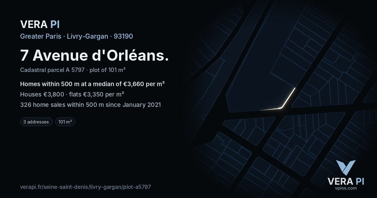 7 Avenue d'Orléans, Livry-Gargan at night – the plot lit, the parcels around coloured by the prices near them