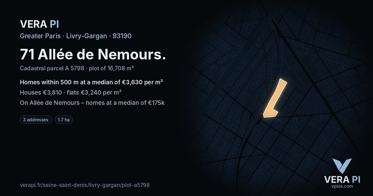 71 Allée de Nemours, Livry-Gargan at night – the plot lit, the parcels around coloured by the prices near them
