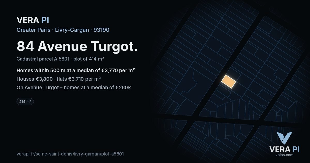 84 Avenue Turgot, Livry-Gargan at night – the plot lit, the parcels around coloured by the prices near them