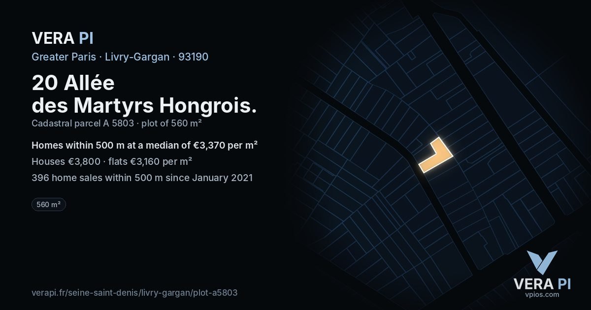 20 Allée des Martyrs Hongrois, Livry-Gargan at night – the plot lit, the parcels around coloured by the prices near them