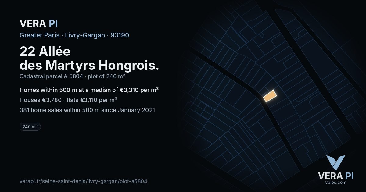 22 Allée des Martyrs Hongrois, Livry-Gargan at night – the plot lit, the parcels around coloured by the prices near them