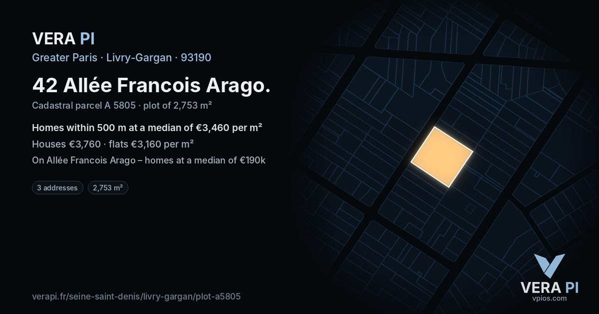 42 Allée Francois Arago, Livry-Gargan at night – the plot lit, the parcels around coloured by the prices near them