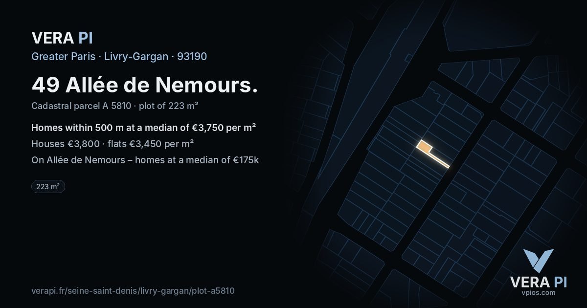 49 Allée de Nemours, Livry-Gargan at night – the plot lit, the parcels around coloured by the prices near them
