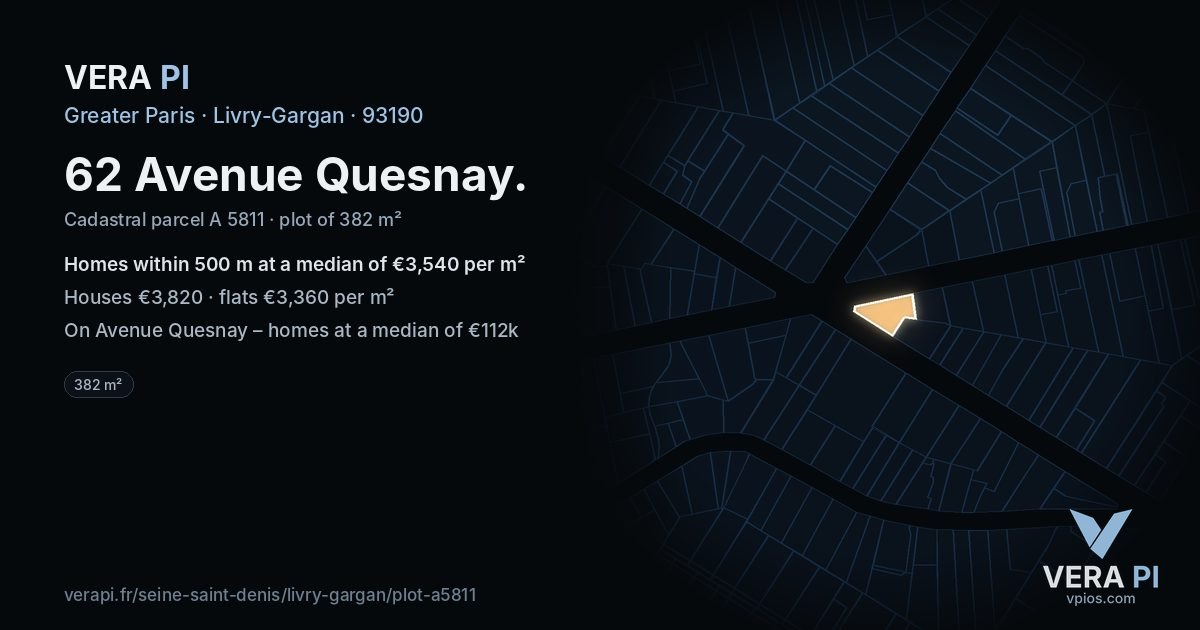 62 Avenue Quesnay, Livry-Gargan at night – the plot lit, the parcels around coloured by the prices near them