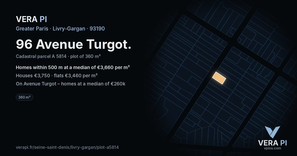 96 Avenue Turgot, Livry-Gargan at night – the plot lit, the parcels around coloured by the prices near them
