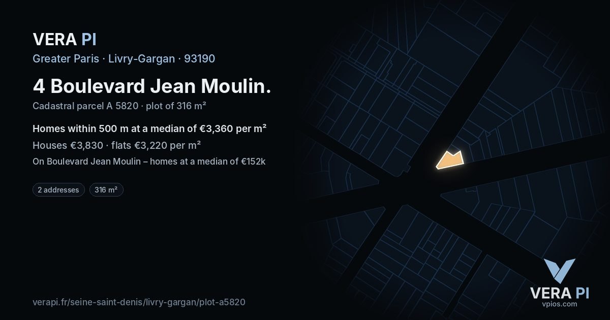4 Boulevard Jean Moulin, Livry-Gargan at night – the plot lit, the parcels around coloured by the prices near them