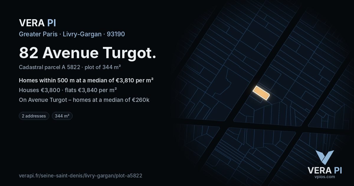82 Avenue Turgot, Livry-Gargan at night – the plot lit, the parcels around coloured by the prices near them