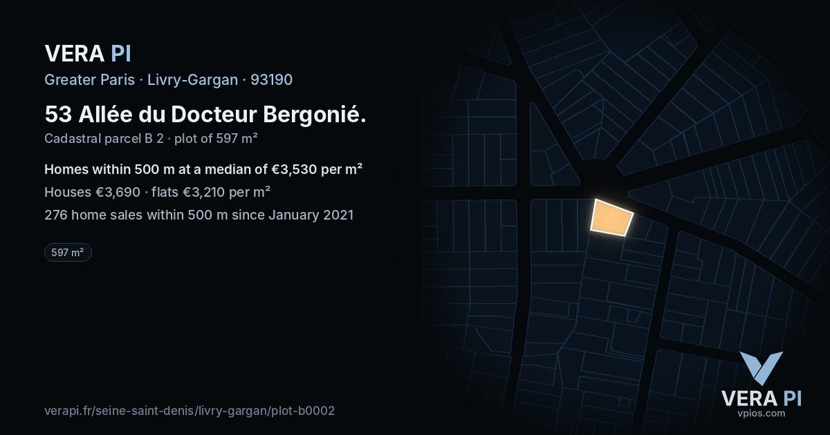 53 Allée du Docteur Bergonié, Livry-Gargan at night – the plot lit, the parcels around coloured by the prices near them