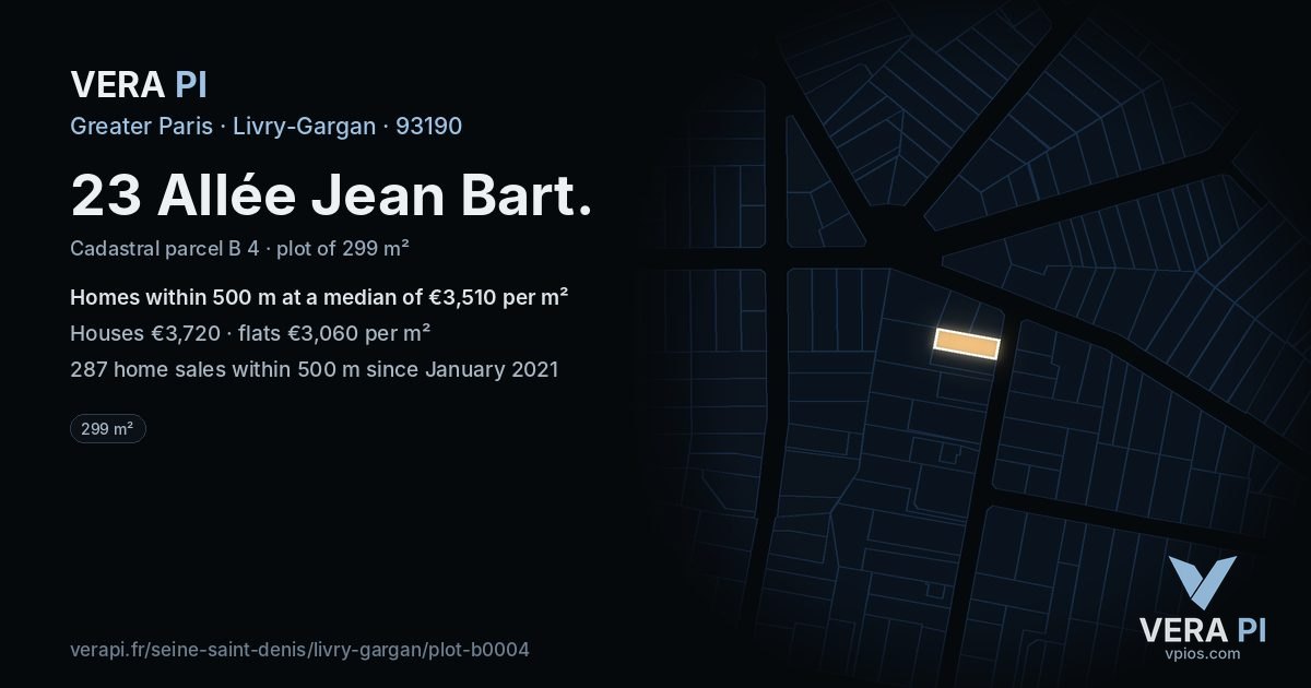 23 Allée Jean Bart, Livry-Gargan at night – the plot lit, the parcels around coloured by the prices near them