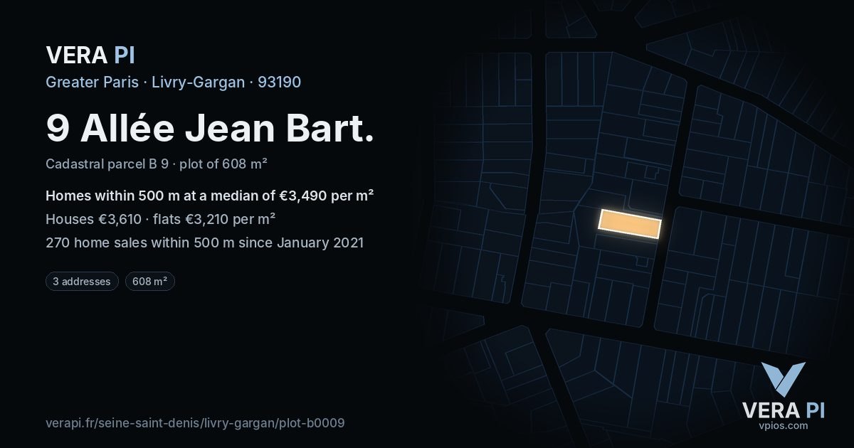 9 Allée Jean Bart, Livry-Gargan at night – the plot lit, the parcels around coloured by the prices near them