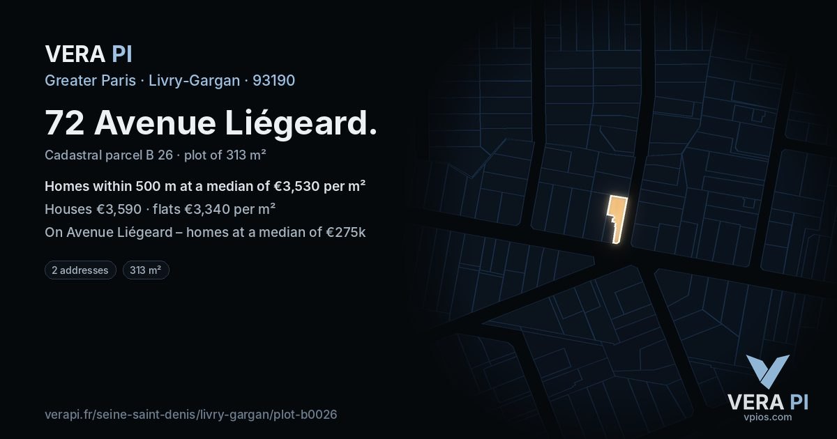 72 Avenue Liégeard, Livry-Gargan at night – the plot lit, the parcels around coloured by the prices near them
