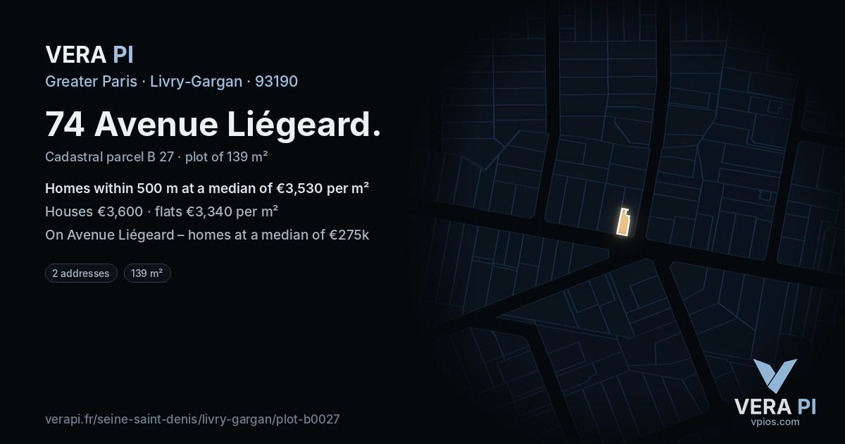 74 Avenue Liégeard, Livry-Gargan at night – the plot lit, the parcels around coloured by the prices near them