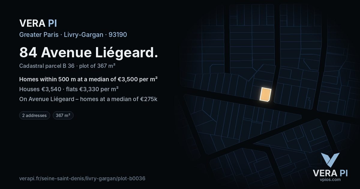 84 Avenue Liégeard, Livry-Gargan at night – the plot lit, the parcels around coloured by the prices near them