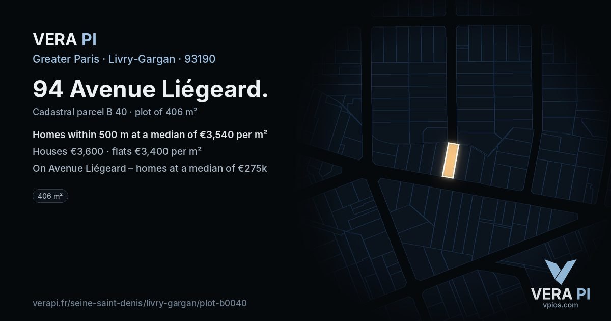 94 Avenue Liégeard, Livry-Gargan at night – the plot lit, the parcels around coloured by the prices near them
