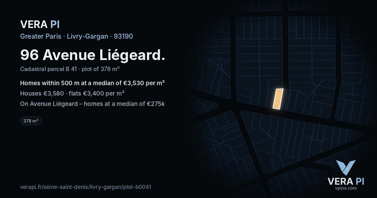 96 Avenue Liégeard, Livry-Gargan at night – the plot lit, the parcels around coloured by the prices near them