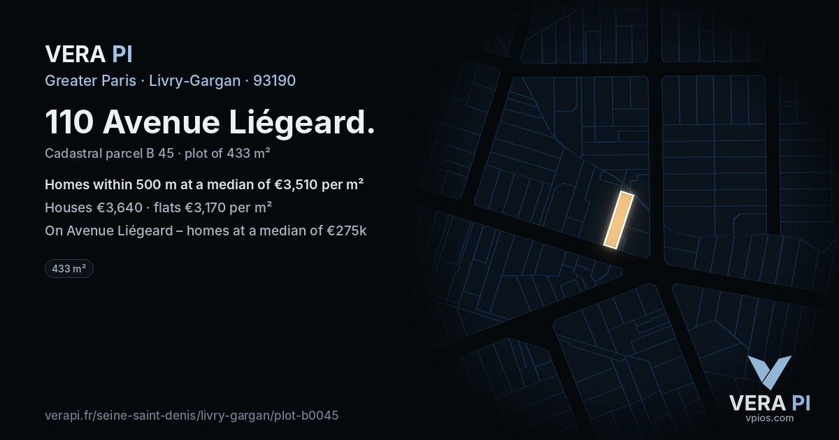 110 Avenue Liégeard, Livry-Gargan at night – the plot lit, the parcels around coloured by the prices near them