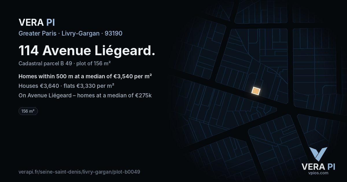 114 Avenue Liégeard, Livry-Gargan at night – the plot lit, the parcels around coloured by the prices near them
