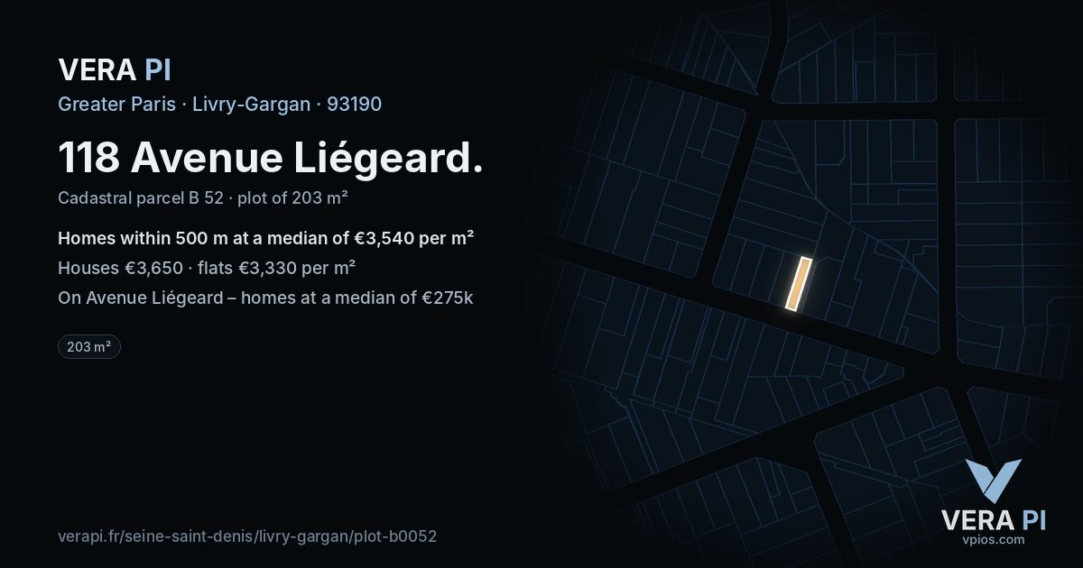 118 Avenue Liégeard, Livry-Gargan at night – the plot lit, the parcels around coloured by the prices near them