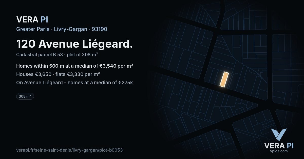 120 Avenue Liégeard, Livry-Gargan at night – the plot lit, the parcels around coloured by the prices near them