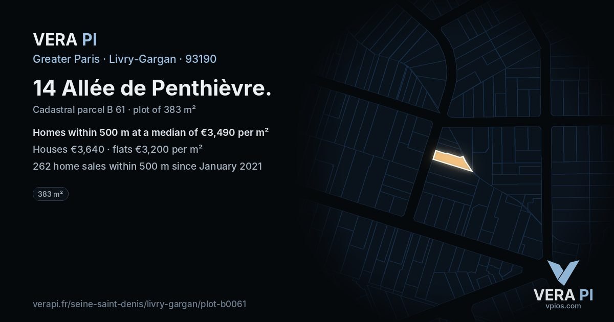 14 Allée de Penthièvre, Livry-Gargan at night – the plot lit, the parcels around coloured by the prices near them