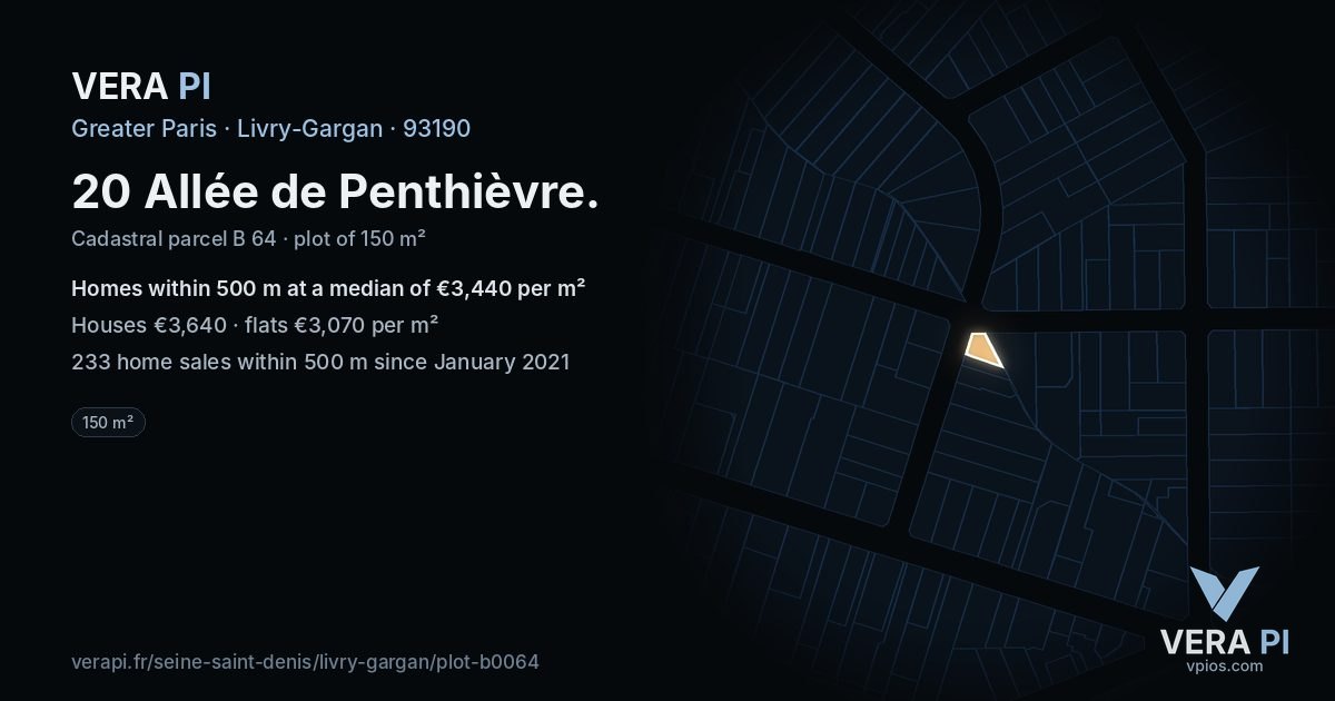 20 Allée de Penthièvre, Livry-Gargan at night – the plot lit, the parcels around coloured by the prices near them