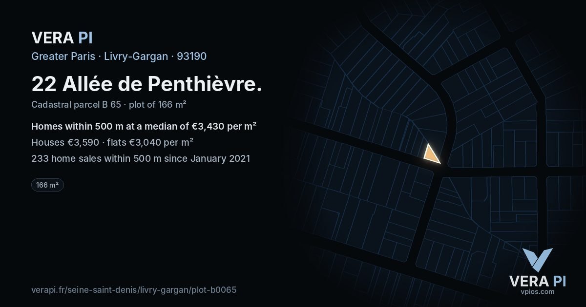22 Allée de Penthièvre, Livry-Gargan at night – the plot lit, the parcels around coloured by the prices near them