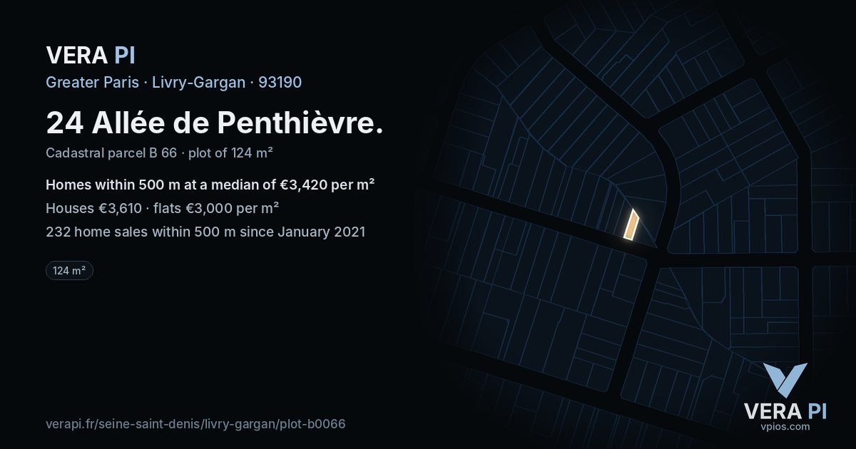 24 Allée de Penthièvre, Livry-Gargan at night – the plot lit, the parcels around coloured by the prices near them