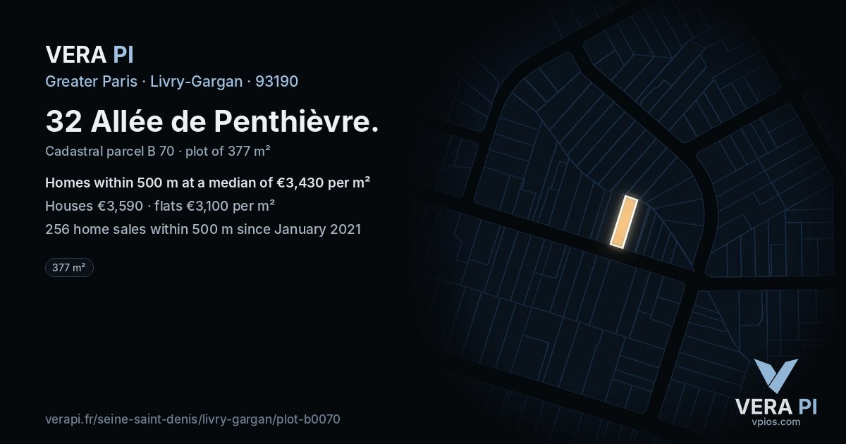32 Allée de Penthièvre, Livry-Gargan at night – the plot lit, the parcels around coloured by the prices near them