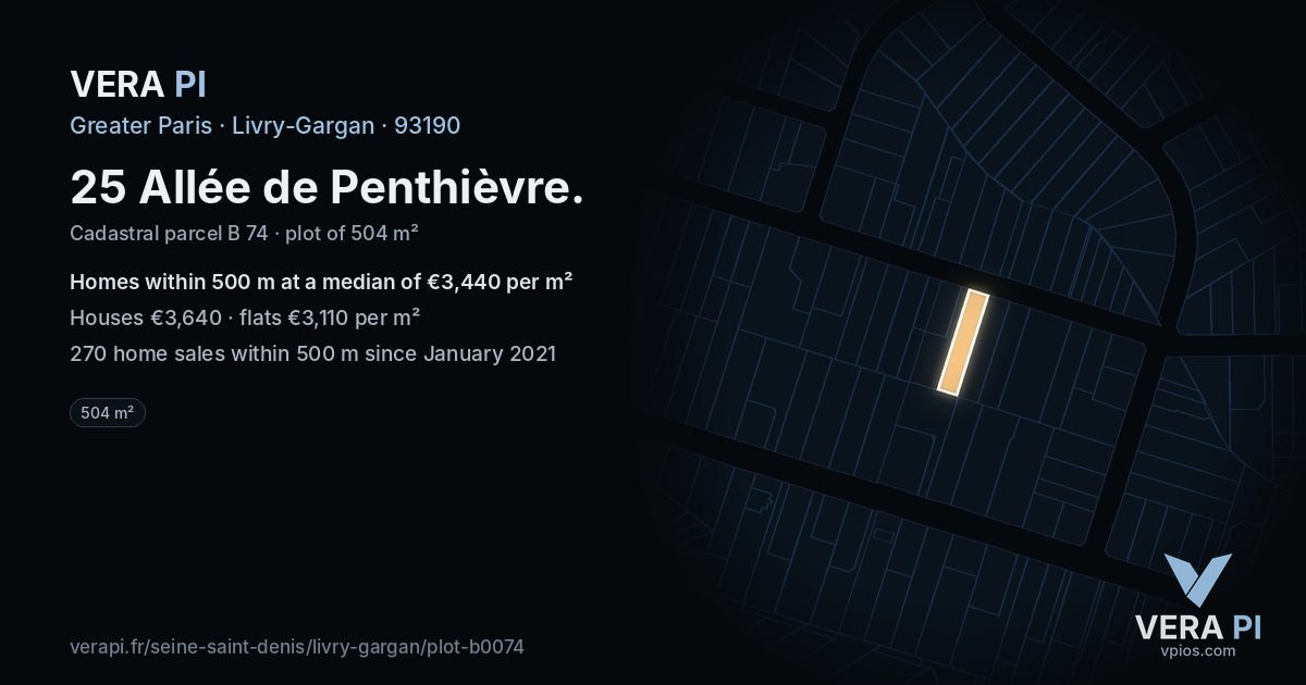 25 Allée de Penthièvre, Livry-Gargan at night – the plot lit, the parcels around coloured by the prices near them