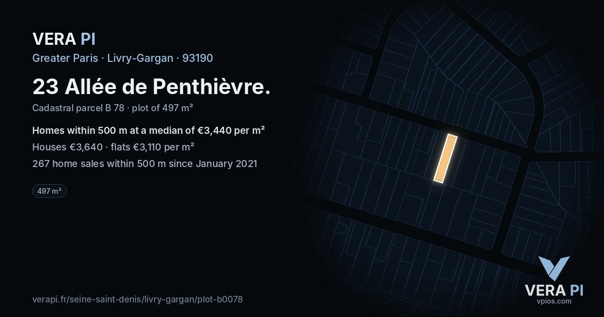 23 Allée de Penthièvre, Livry-Gargan at night – the plot lit, the parcels around coloured by the prices near them
