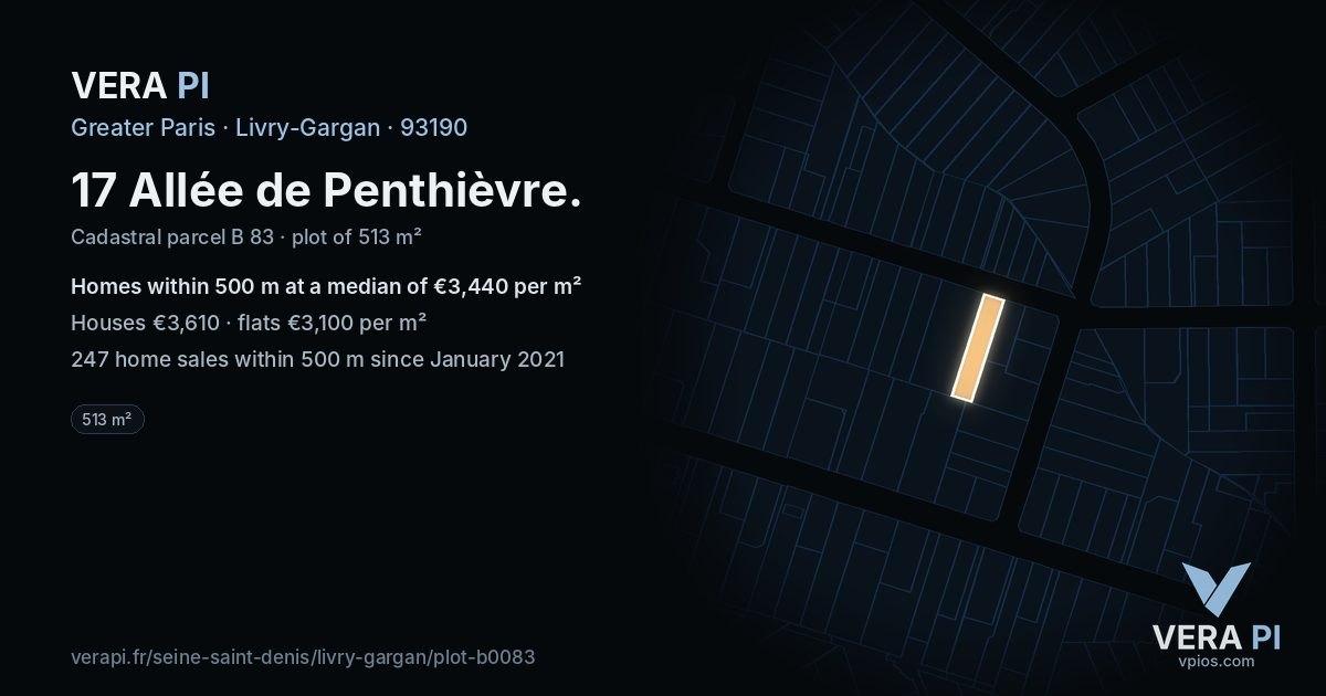 17 Allée de Penthièvre, Livry-Gargan at night – the plot lit, the parcels around coloured by the prices near them