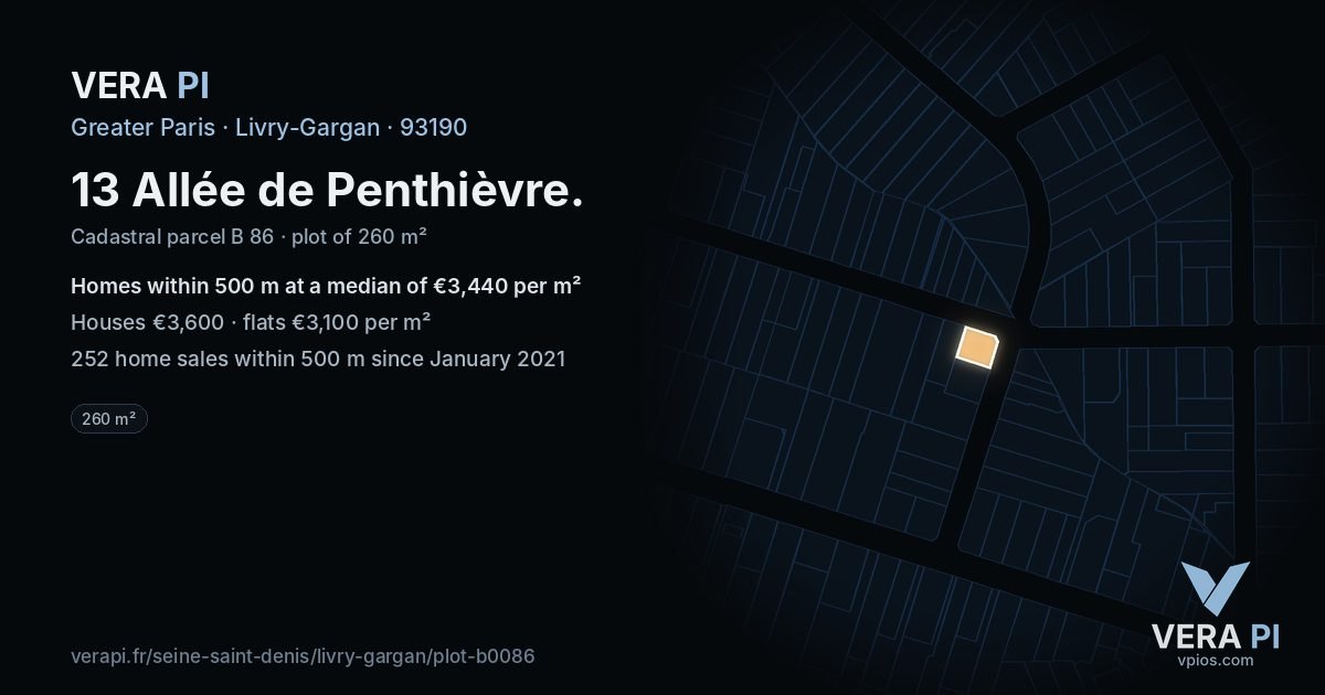 13 Allée de Penthièvre, Livry-Gargan at night – the plot lit, the parcels around coloured by the prices near them