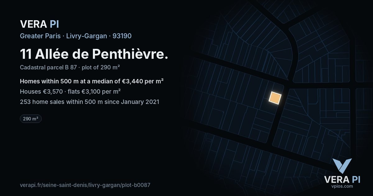 11 Allée de Penthièvre, Livry-Gargan at night – the plot lit, the parcels around coloured by the prices near them