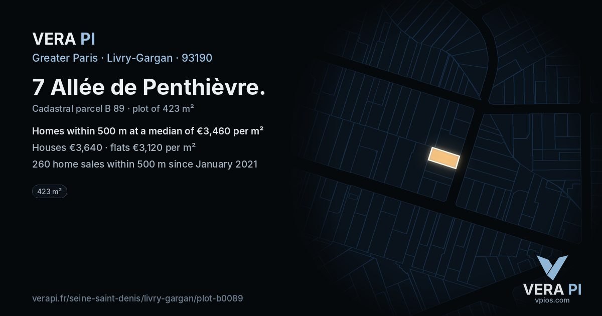 7 Allée de Penthièvre, Livry-Gargan at night – the plot lit, the parcels around coloured by the prices near them