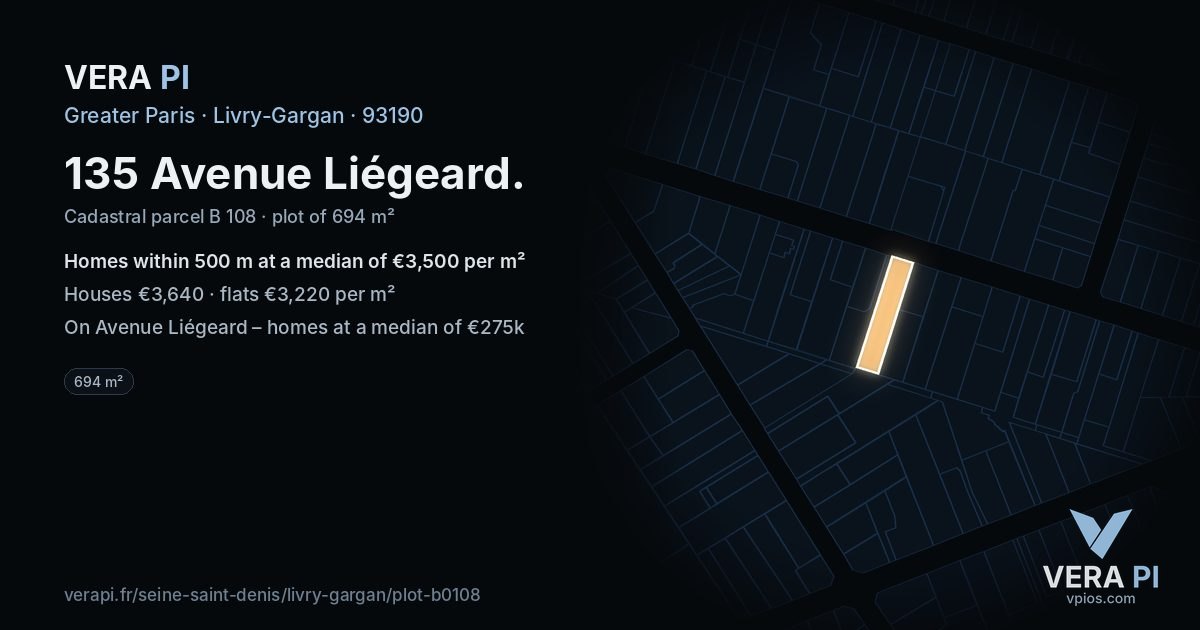 135 Avenue Liégeard, Livry-Gargan at night – the plot lit, the parcels around coloured by the prices near them