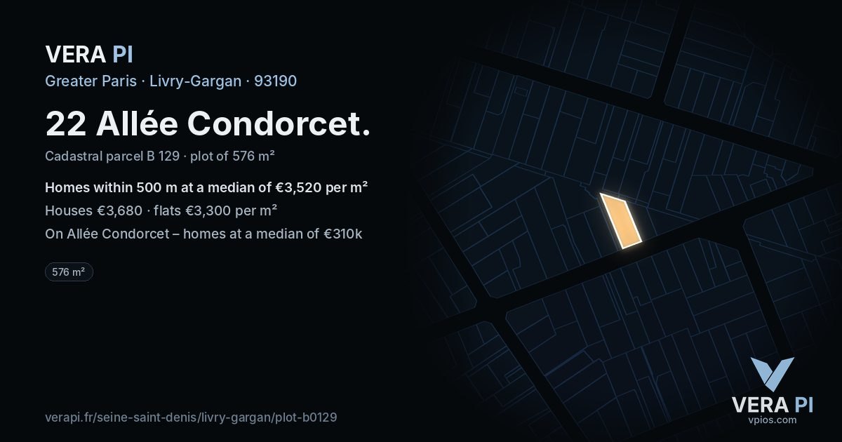 22 Allée Condorcet, Livry-Gargan at night – the plot lit, the parcels around coloured by the prices near them