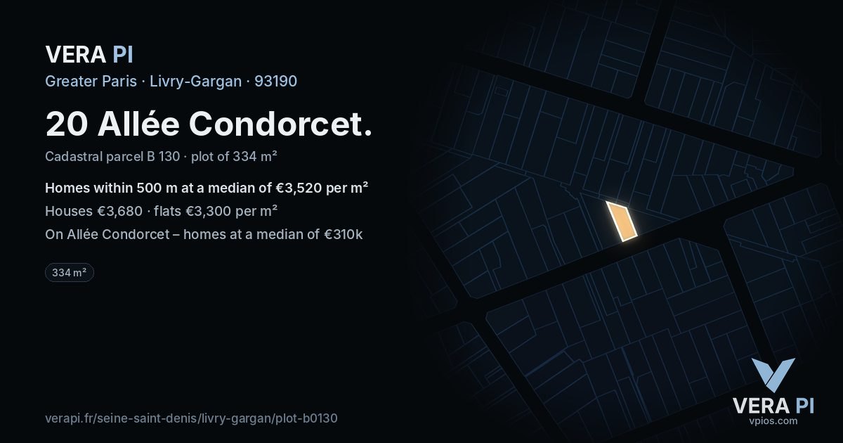 20 Allée Condorcet, Livry-Gargan at night – the plot lit, the parcels around coloured by the prices near them