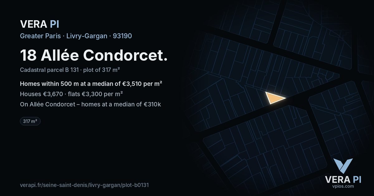 18 Allée Condorcet, Livry-Gargan at night – the plot lit, the parcels around coloured by the prices near them