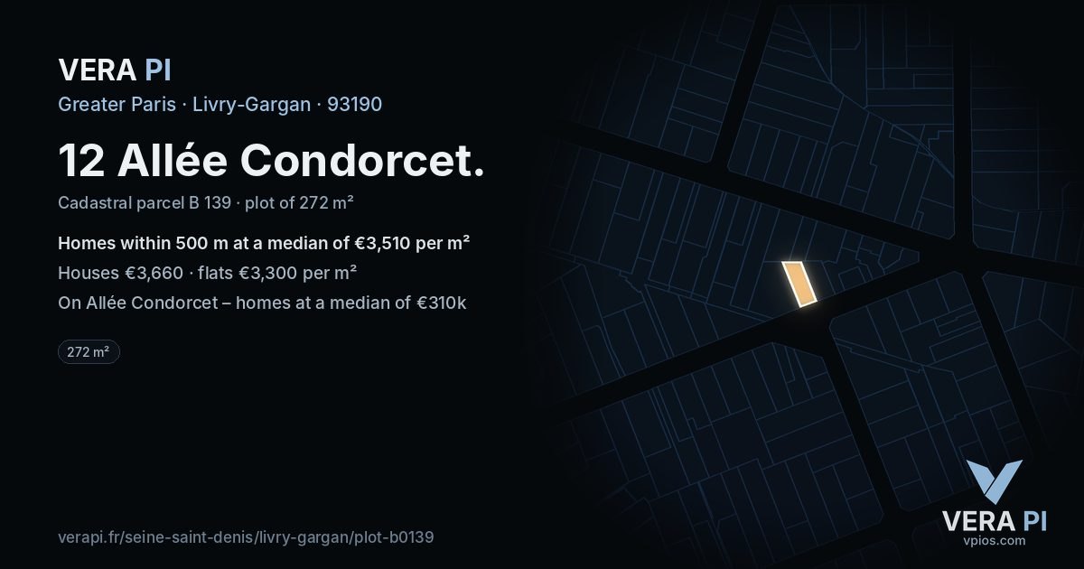 12 Allée Condorcet, Livry-Gargan at night – the plot lit, the parcels around coloured by the prices near them