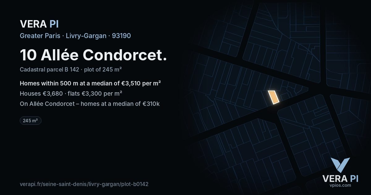 10 Allée Condorcet, Livry-Gargan at night – the plot lit, the parcels around coloured by the prices near them