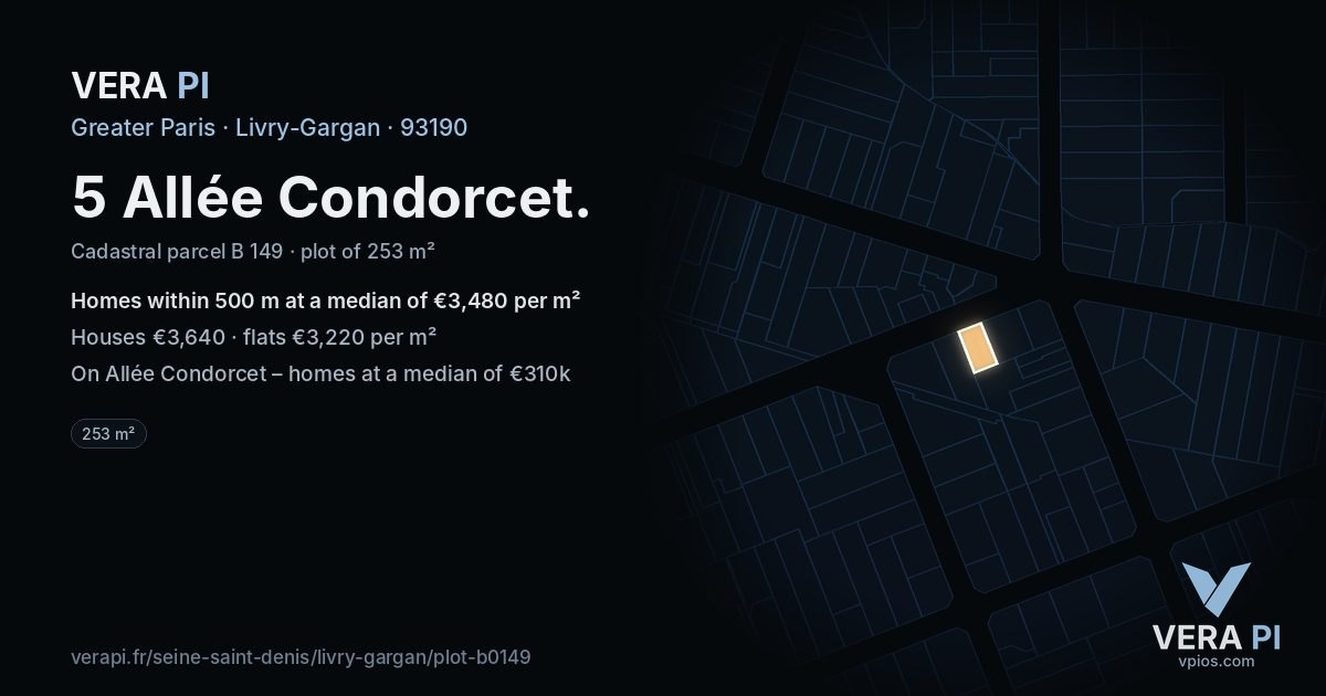 5 Allée Condorcet, Livry-Gargan at night – the plot lit, the parcels around coloured by the prices near them
