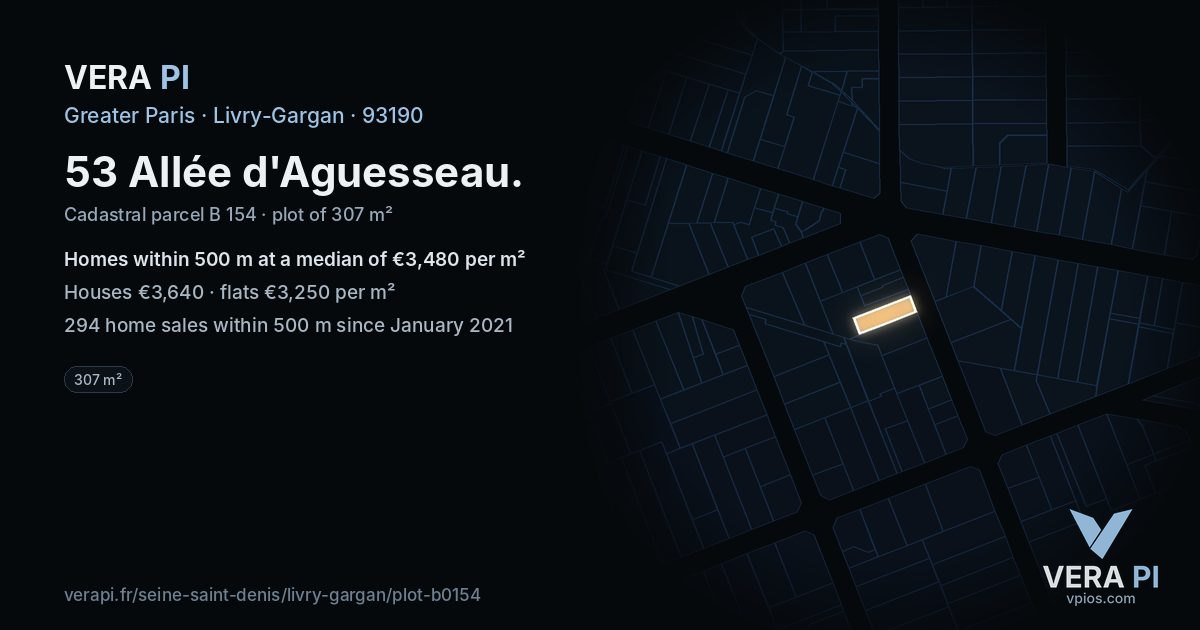 53 Allée d'Aguesseau, Livry-Gargan at night – the plot lit, the parcels around coloured by the prices near them