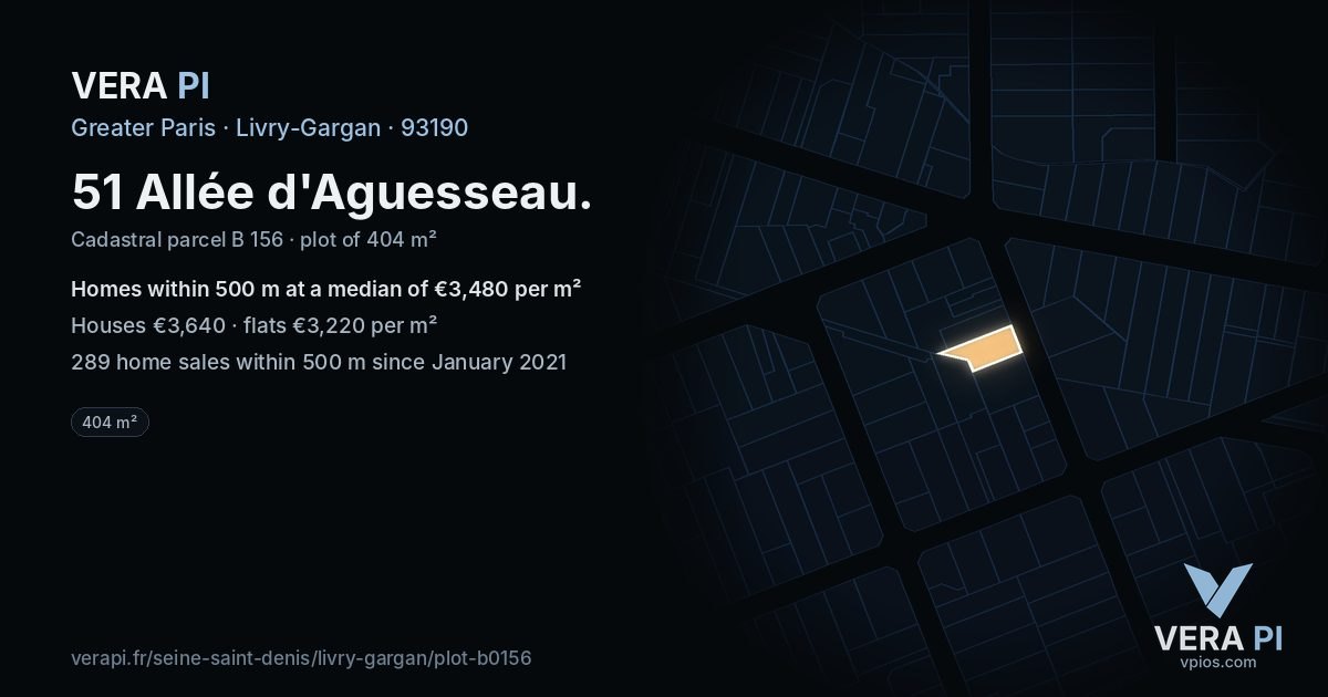 51 Allée d'Aguesseau, Livry-Gargan at night – the plot lit, the parcels around coloured by the prices near them